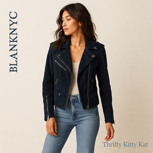 BlankNYC Cropped Suede Leather Moto Jacket Asym Zip Snap Lapel Silvertone Navy S